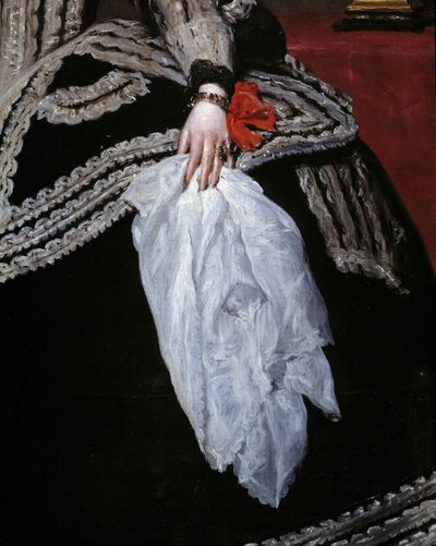 手和围巾 奥地利女王玛丽·安妮（玛丽安）（1634-1696 年）、菲利普四世的妻子肖像的细节“”迭戈·贝拉斯克斯（1599-1660 年）绘画，17 世纪马德里，普拉多博物馆 作者 Diego Velázquez