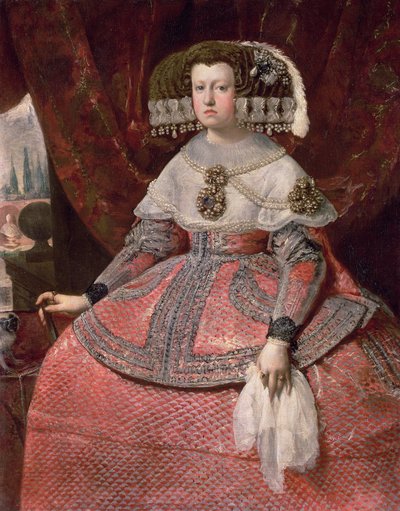 西班牙女王玛丽亚安娜穿着红色衣服，1655-60 作者 迭戈委拉斯开兹