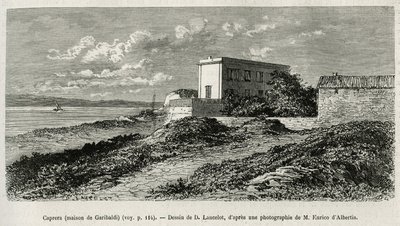朱塞佩-加里波第（1807-1882）在La Caprera（撒丁岛）的房子，根据D.Lancelot的画作雕刻的，以说明今天叙利亚的故事，由里昂医学院院长Lortet先生完成，他负责一个科学任务。 作者 Dieudonne Auguste Lancelot