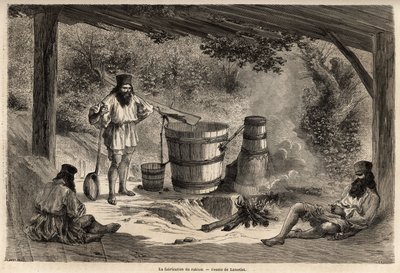 The manufacture of rakiou, cereal alcohol, sort of schnapps very common in Romania. Engraving to illustrate the voyage from Paris to Bucharest, by Lancelot, draftsman, in 1860, published in “Le tour du monde, nouveau journal des voyages”, under the directi 作者 Dieudonne Auguste Lancelot