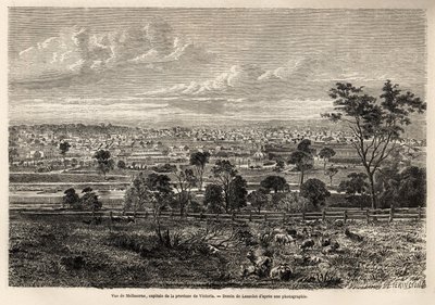 墨尔本（澳大利亚）的景色，由兰斯洛特绘制，描绘了 1854-1859 年在澳大利亚的法国擅自占地者的记忆，由 M. de Castella 绘制。 1861 年雕刻的“Le tour du monde”。Selva 的收藏。 作者 Dieudonne Auguste Lancelot