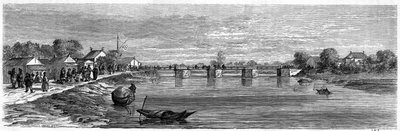1860 年，中国上海附近苏州河上的大桥。 兰斯洛特版画，《世界之旅》，Nouveau journal des Voyages”，Edouard Charton 编辑，巴黎 作者 Dieudonne Auguste Lancelot
