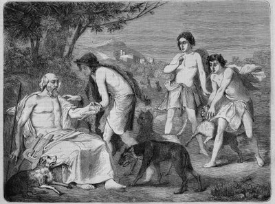 锡罗斯岛的Homere。1864年的雕版画，根据Maillard的画。 作者 Diogene Ulysse拿破仑·梅拉特