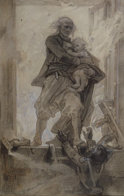 Lantenac侯爵拯救了一个孩子，来自Quatre-vingt-treize的插图由Victor Hugo（1802-85）（纸上的铅笔，蜡笔和水粉） 作者 Diogene Ulysse拿破仑·梅拉特