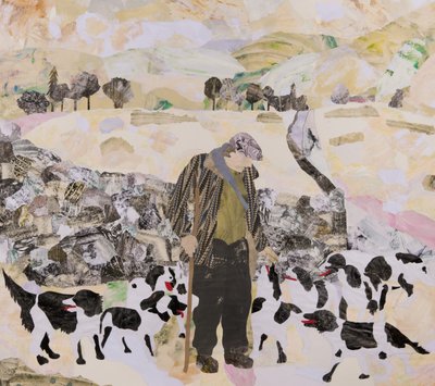 雪地里的一个人和他的狗，2018（拼贴画） 作者 