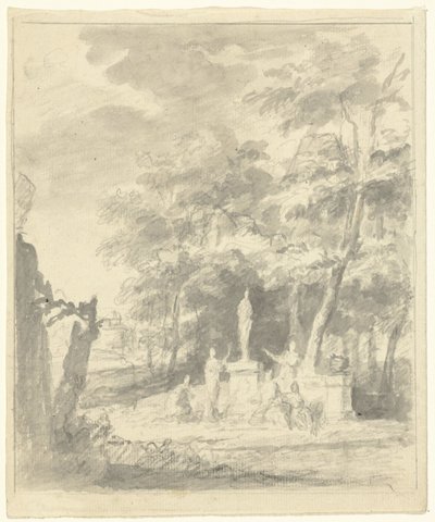 人物围绕雕像的阿卡迪亚景观 作者 Dionys van Nijmegen (可能)