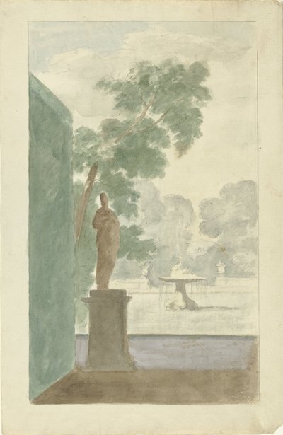 大厅墙壁装饰设计：带雕像、喷泉和瓮的花园景观 作者 Dionys van Nijmegen (可能)