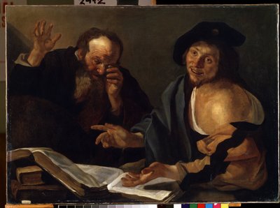 "赫拉克利特和德谟克利特" 希腊哲学家赫拉克利特（Heraclitus of Ephesus，公元前 535-475 年）和德谟克利特（Democritus，公元前 460-370 年）。西奥多-凡-巴布伦（Dirk Baburen）（1570/90-1623/4）17 世纪的绘画 米卡洛美术馆 作者 迪克·巴布伦·范（Dirck Baburen van）