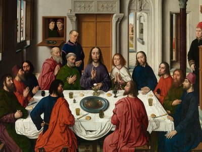 最后的晚餐》三联画细部，选自《圣餐祭坛画》，约 1464-68 年（油画板） 作者 迪克·布特斯