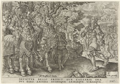 萨克森公爵在米尔贝格战场投降，1547 年 查理五世的胜利（系列标题） 迪维·卡罗利. V.小鬼。 选择。 Max. victoriae, ex multis praecipuae（系列标题） 作者 迪尔克沃尔克茨。康赫特