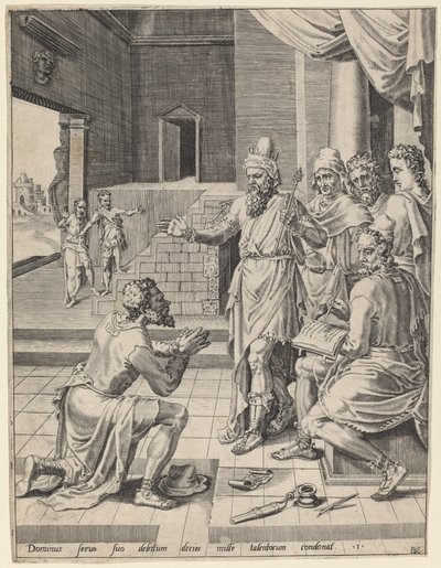 国王宽恕了仆人的债务 作者 Dirck Volckertz Coornhert 在 Maerten van Heemskerck 之后