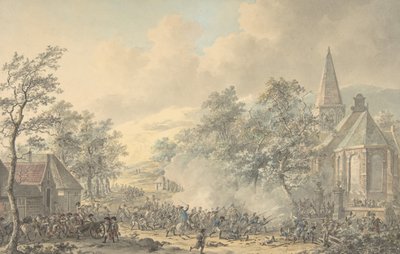 战斗场面，右边是教堂，约1790-1800年。 作者 德克·朗根戴克
