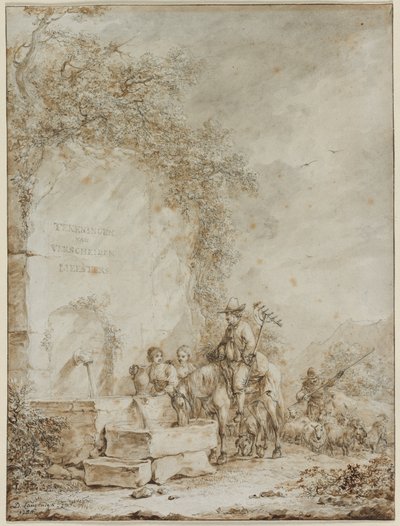 绘画作品集的前作：喷泉旁的农民，1784年。 作者 德克·兰根迪克（Dirk Langendyk）