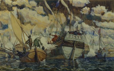 彼得一世和莱福特。彼得一世舰队在普列谢耶沃湖上，1927年 作者 德米特里·尼古拉耶维奇·卡多夫斯基