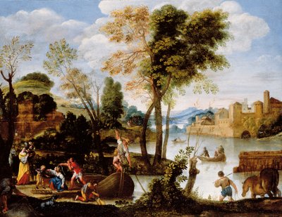 意大利化的河道景观与波利船夫和一篮子螃蟹的女人，约1604-05年 作者 多梅尼奇诺