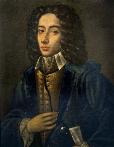 Giovanni Battista Pergolesi (Jean Baptiste Pergolese, Jean-Baptiste) 的肖像 (1710 - 1736)。 多梅尼科·安东尼奥·瓦卡罗（Domenico Antonio Vaccaro）的木头油。 那不勒斯音乐学院。 多梅尼科·安东尼奥·瓦卡罗那不勒斯音乐学院的乔瓦尼·巴蒂斯塔·佩尔戈莱西 (Giovanni Battista Pergolesi) 的画作 作者 多梅尼科·安东尼奥·瓦卡罗