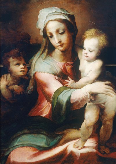 麦当娜和带着婴儿施洗约翰的孩子，1542年 作者 Domenico di Pace Beccafumi  