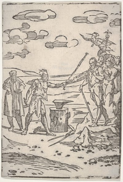 伪造者站在铁砧旁，用铁链锁住一个人，从《变种》系列中挑选。 1540-1550。 作者 多梅尼科·迪·佩斯·贝卡法米