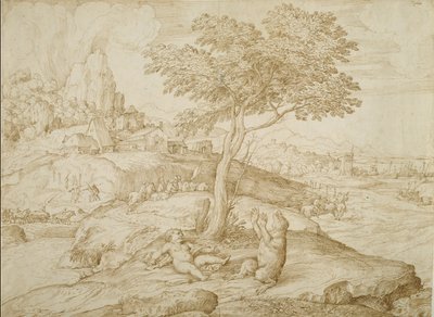 在生产Arcas之后，Callistos转变为熊，c.1558（奶油色纸上的笔和棕色墨水） 作者 多梅尼科·坎帕尼奥拉（Domenico Campagnola）