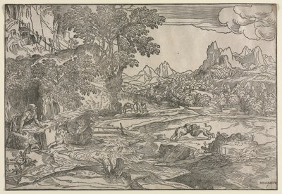 圣杰罗姆和两只狮子的风景画 作者 多梅尼科·坎帕尼奥拉（Domenico Campagnola）