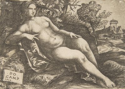 躺在风景中的裸女维纳斯，1517年。 作者 Domenico Campagnola
