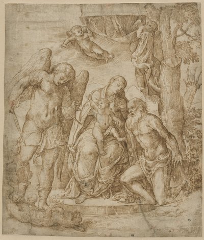 圣母子与圣迈克尔和杰罗姆，约1520-25年 作者 多梅尼科·坎帕尼奥拉（Domenico Campagnola）