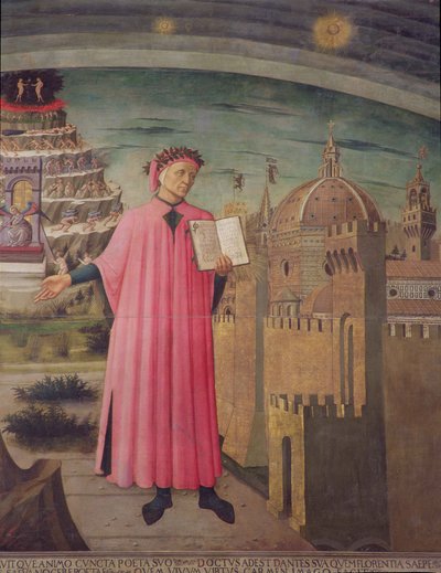 Dante在42355的面板细节上阅读Divine Comedy蛋彩画 作者 Domenico di Michelino