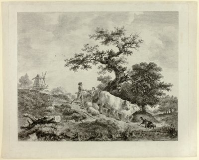 有风车、青年男女和两头牛的风景画 作者 多米尼克·万提·德农（Dominique Vivant Denon）