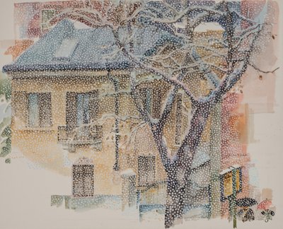 公交车站，2011 年（纸上水彩） 作者 多纳泰拉·梅洛