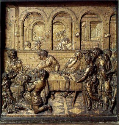 希罗德-安提帕二世（公元前21年-公元39年）的宴席。Donato di Niccolo di Betto Bardi dit Donatello（1386-1466）实现的洗礼池下部浮雕的细节 作者 Donatello
