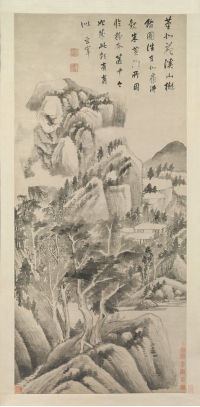 溪流和山脉之间的阴影住宅，ca。 1622-25。 作者 董其昌