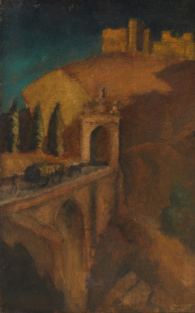 带桥梁的山地景观（反之亦然），约1910年（布面油画） 作者 多拉（到）卡灵顿