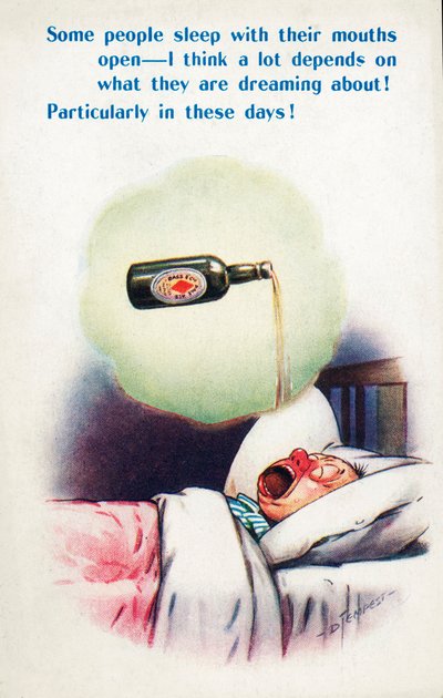 酗酒：男子张着嘴睡觉，梦见啤酒（彩色石版画） 作者 道格拉斯·坦佩斯特