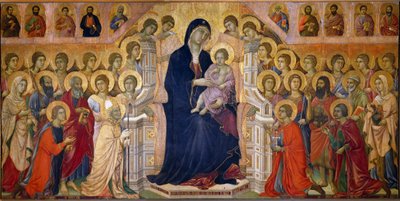Maesta Madonna 的孩子登上了圣人和天使所崇敬的宝座。 中央面板。 Duccio di Buoninsegna (1255-1319) 的壁画 作者 杜乔·迪·博尼塞尼亚