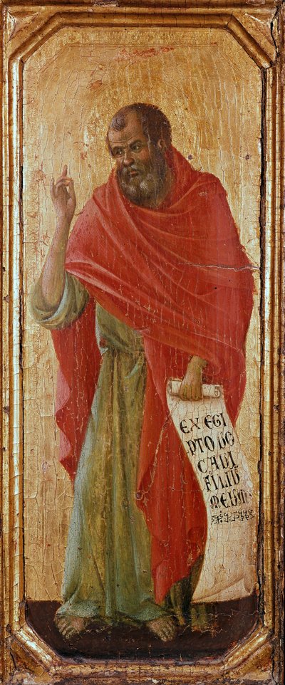 先知Hosee Detrempe的木雕作品，由Duccio di Buoninsegna（1255-1318/9）1308-1311尺寸42.5x16厘米锡耶纳，大都会歌剧院博物馆 作者 杜乔·迪·博尼塞尼亚