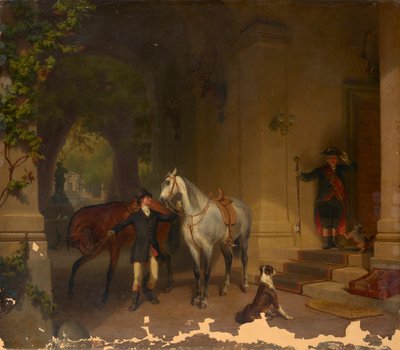 城堡前的双马骑士 作者 1850 年左右的杜塞尔多夫画家