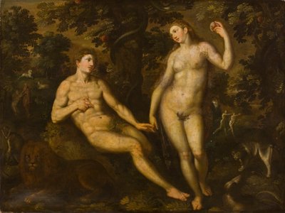 亚当和夏娃在伊甸园，1590-1610 作者 Dutch School