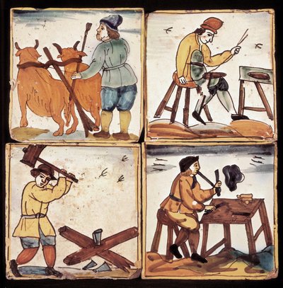 Azulejos 面板：表现各行各业、农民耕作、储蓄罐、劈木机和琵琶（陶瓷） 作者 荷兰学校