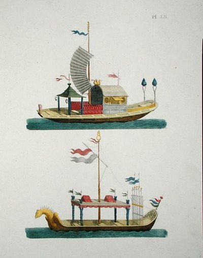 中国的观赏船，来自G. van Laar的 "花园宝石杂志"，1802年出版（彩色平印）。 作者 荷兰学校