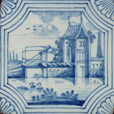 代尔夫特瓷砖显示运河吊桥，19世纪 作者 荷兰学校