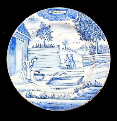 描绘11月的Delftware盘子（锡釉陶器） 作者 荷兰学校