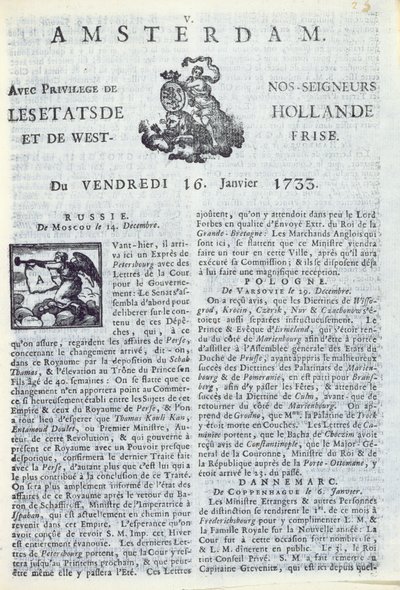 1733年1月16日La Gazette dAmsterdam的头版（印刷纸） 作者 荷兰学校
