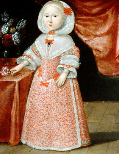 手持粉色和白色花朵的女孩，约1640年（铜上油画） 作者 荷兰学校