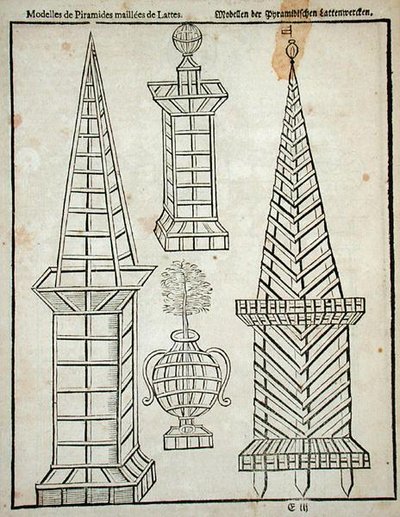 格子状的金字塔，出自约翰-范德格伦的《荷兰园丁》，1699年出版（雕刻）。 作者 荷兰学校