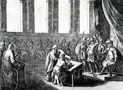 埃及国王Ptolemy Philadelphus召唤犹太人的72名男子将犹太法律翻译成希腊文，c.1700 作者 荷兰学校