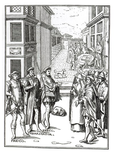 Town Crier出售，由Joos de Damhouder（1507-81）在Praxis Rerum Civilium木刻后出版，1557年出版安特卫普 作者 荷兰学校