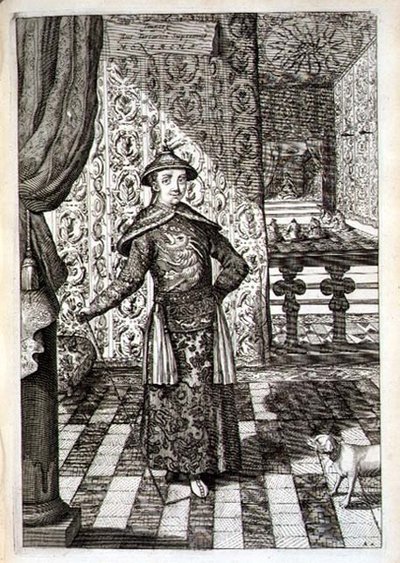 中国皇帝和鞑靼人的最高统治者，摘自阿塔纳修斯-基尔切尔（1601-80）的《中国图说》1667年（雕刻）。 作者 荷兰学校
