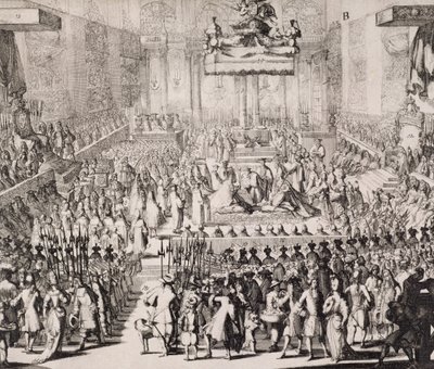 1689年4月21日威斯敏斯特教堂的威廉橙色（1650-1702）和玛丽（1662-94）的加冕典礼 作者 荷兰学校