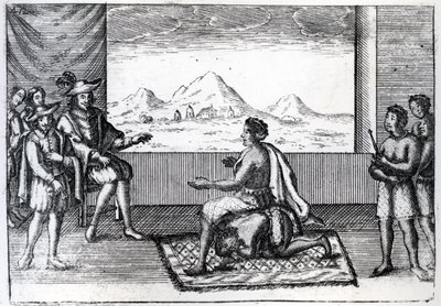 1622 年恩东戈女王恩津加与葡萄牙罗安达总督若昂-科雷亚-德索萨的会面（雕刻） 作者 荷兰学校