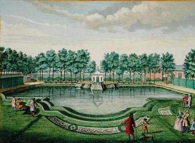 大湖上的鹿苑和亭子的景象，出自《Het Zeganplant Kennemerlant》，作者Hendrick de Leth和Matthias Brouerius Van Nidek，约1700-1730年出版（彩绘）。 作者 荷兰学校